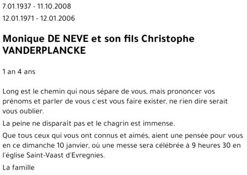 Monique - Christophe DE NEVE - VANDERPLANCKE