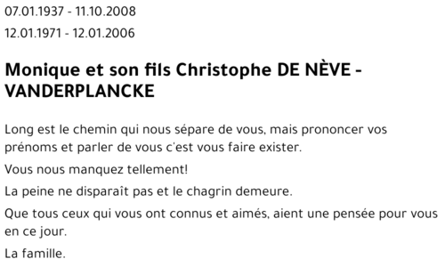 Monique - Christophe DE NEVE - VANDERPLANCKE