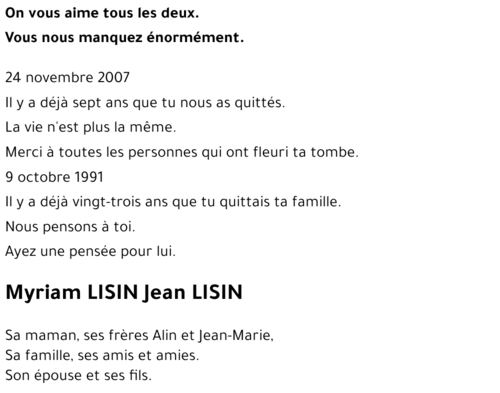 Myriam LISIN Jean LISIN