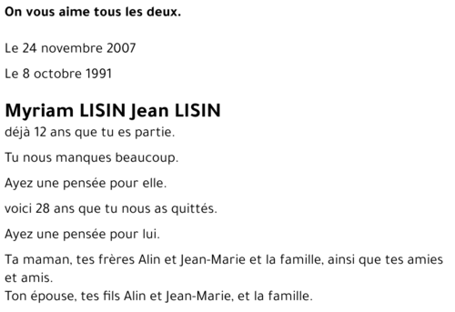 Myriam LISIN Jean LISIN