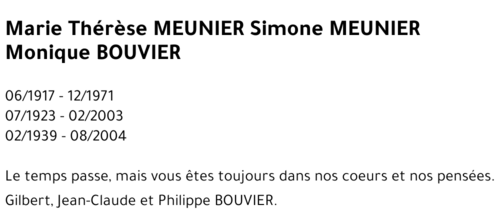 Marie Thérèse Simone Monique MEUNIER MEUNIER BOUVIER