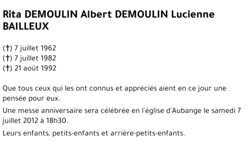 Rita  Albert Lucienne DEMOULIN  BAILLEUX