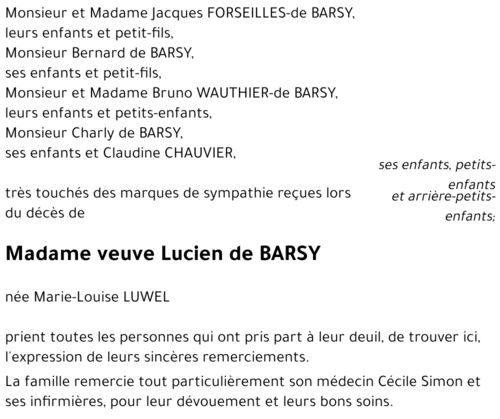 veuve Lucien de BARSY