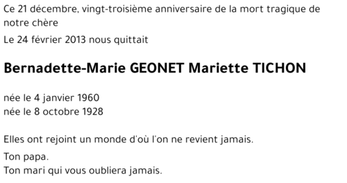 Bernadette-Marie GEONET Mariette TICHON