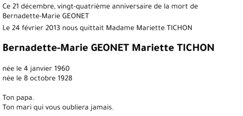 Bernadette-Marie GEONET Mariette TICHON